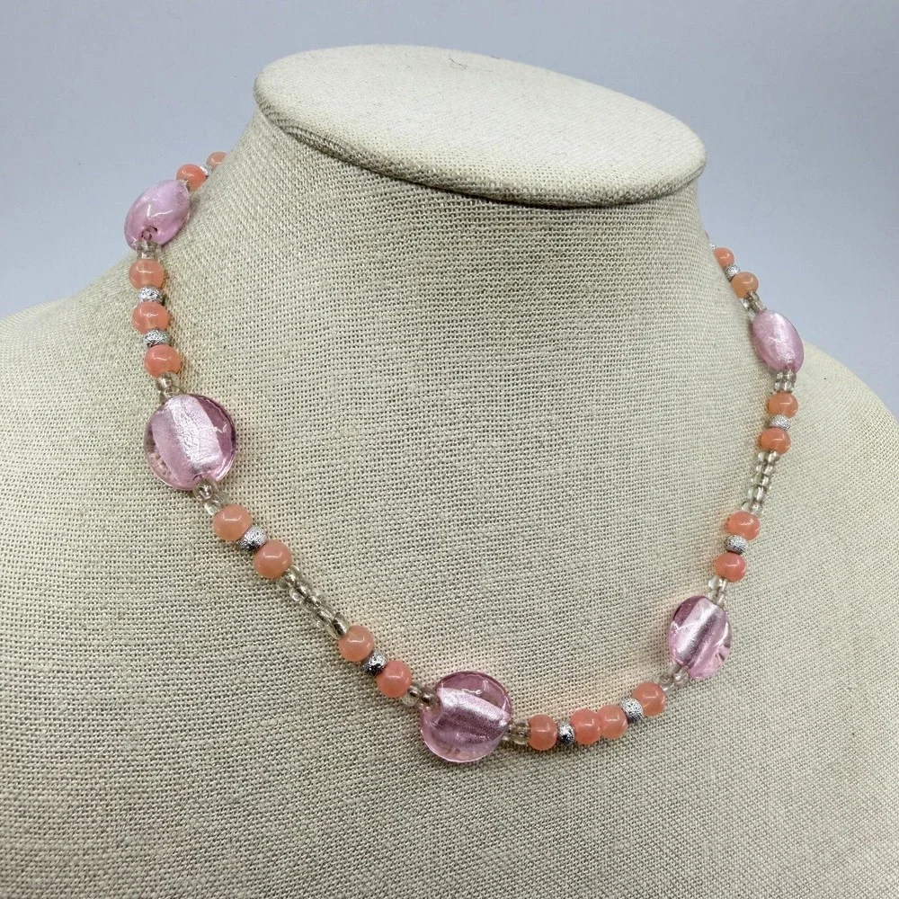 Necklace Pink Foil Glass Bead Peach Coral Silver Tone Boho Artisan Statement
